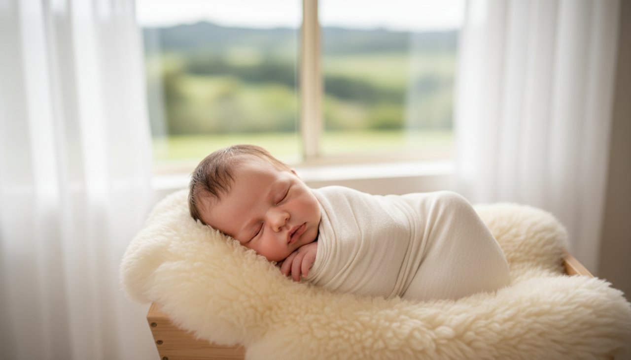 An exquisite, emotionally resonant photograph capturing a peaceful baby nestled amongst soft blankets during a Wandin North newborn photography natural light session, bathed in warm, gentle sunlight streaming through a window.