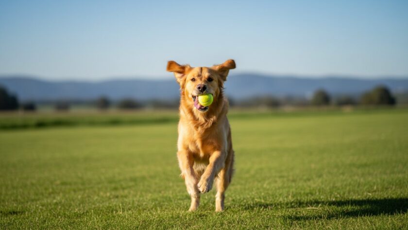 An epic moment captured in Wandin North pet photography capturing genuine canine joy, featuring a golden retriever mid-leap, ears flapping, chasing a ball with pure delight in a sun-drenched, green paddock near Wandin North, Victoria, under a clear blue sky.