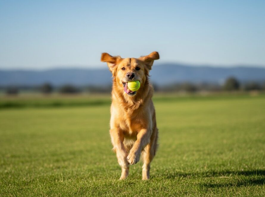 An epic moment captured in Wandin North pet photography capturing genuine canine joy, featuring a golden retriever mid-leap, ears flapping, chasing a ball with pure delight in a sun-drenched, green paddock near Wandin North, Victoria, under a clear blue sky.