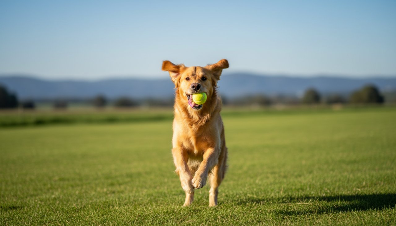 An epic moment captured in Wandin North pet photography capturing genuine canine joy, featuring a golden retriever mid-leap, ears flapping, chasing a ball with pure delight in a sun-drenched, green paddock near Wandin North, Victoria, under a clear blue sky.