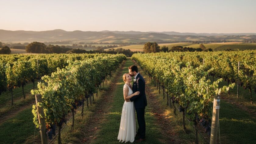 A couple embracing amidst golden hour light in a Wandin North vineyard, perfectly illustrating Wandin North pre-wedding photography capturing rustic romance, with rolling hills in the background and soft, diffused light creating a dreamlike atmosphere.