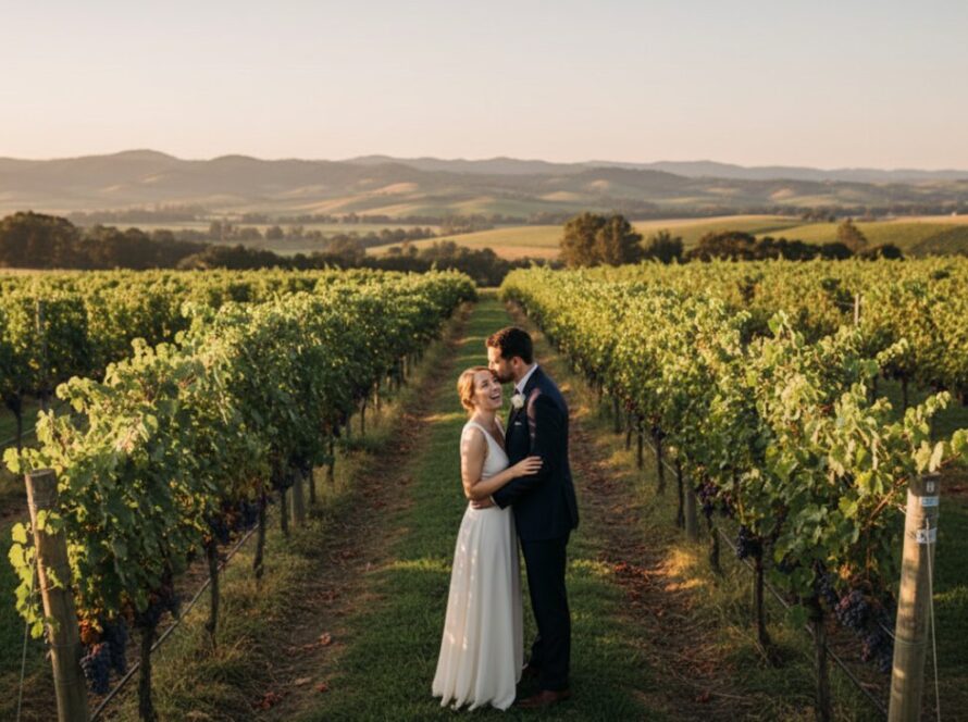 A couple embracing amidst golden hour light in a Wandin North vineyard, perfectly illustrating Wandin North pre-wedding photography capturing rustic romance, with rolling hills in the background and soft, diffused light creating a dreamlike atmosphere.
