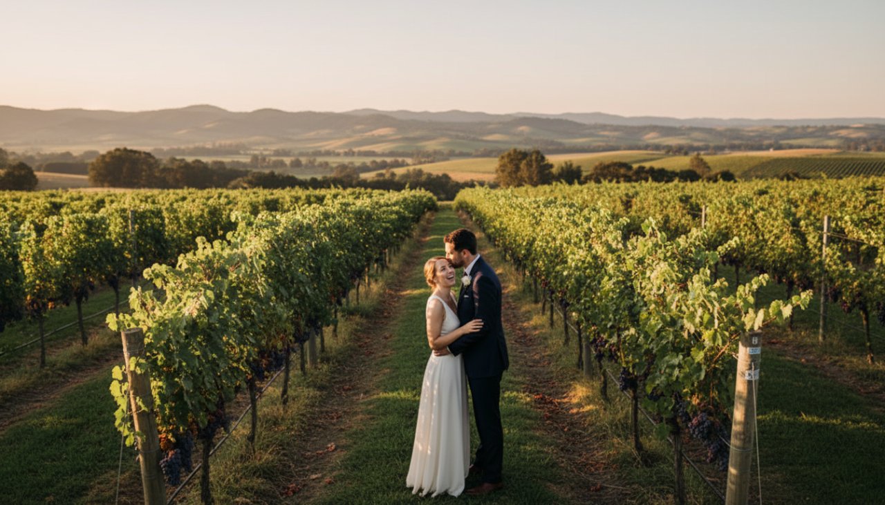 A couple embracing amidst golden hour light in a Wandin North vineyard, perfectly illustrating Wandin North pre-wedding photography capturing rustic romance, with rolling hills in the background and soft, diffused light creating a dreamlike atmosphere.