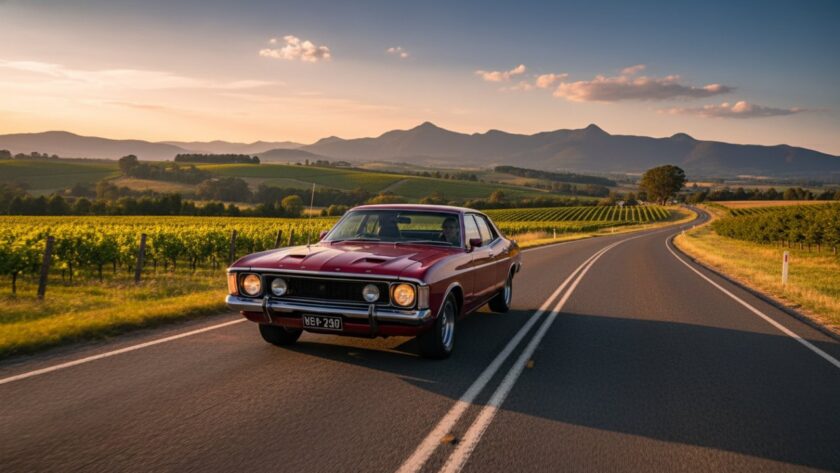 An epic moment photograph showcasing a gleaming vintage sports car parked at sunset in Wandin North, Victoria, bathed in golden light, evoking the essence of Wandin North prestige car photography for enthusiasts.