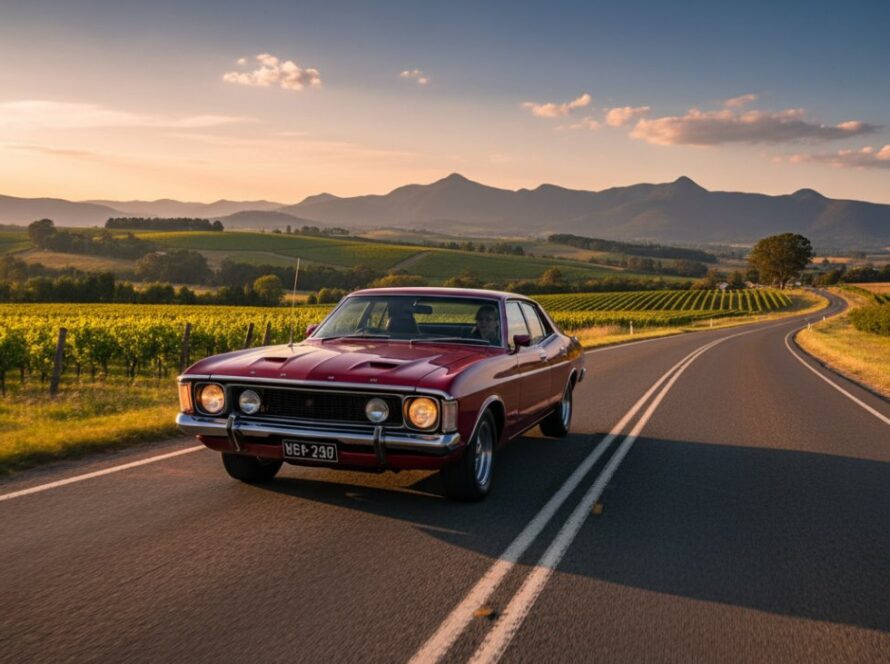 An epic moment photograph showcasing a gleaming vintage sports car parked at sunset in Wandin North, Victoria, bathed in golden light, evoking the essence of Wandin North prestige car photography for enthusiasts.