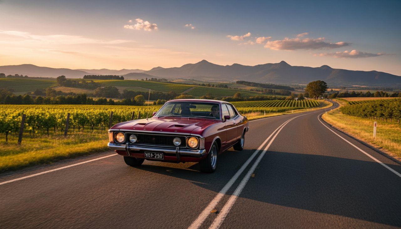 An epic moment photograph showcasing a gleaming vintage sports car parked at sunset in Wandin North, Victoria, bathed in golden light, evoking the essence of Wandin North prestige car photography for enthusiasts.
