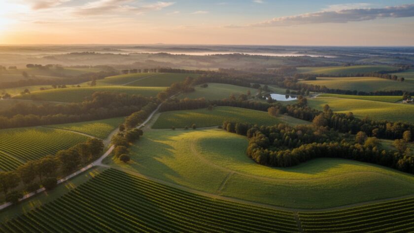 An aerial drone photograph capturing the lush, rolling hills and vineyards of Wandin North at sunset, with a vibrant sky and mist in the valleys, showcasing Wandin North scenic drone photography services.
