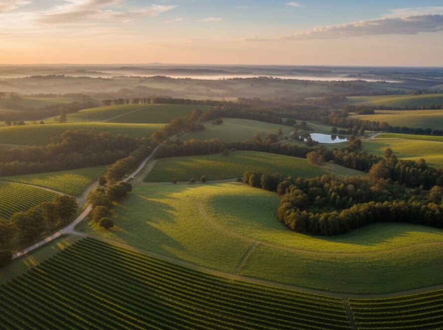 An aerial drone photograph capturing the lush, rolling hills and vineyards of Wandin North at sunset, with a vibrant sky and mist in the valleys, showcasing Wandin North scenic drone photography services.