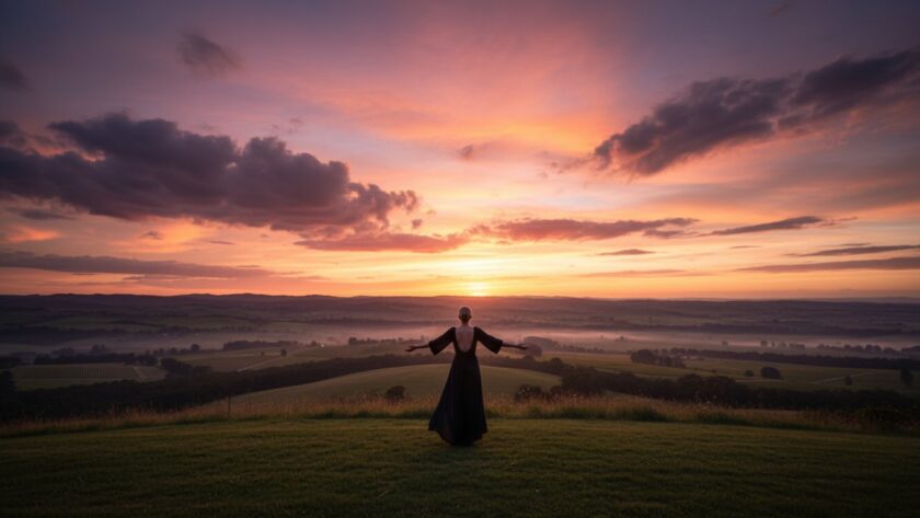 A breathtaking wide-angle, golden hour photograph showcasing Wandin North scenic fine art photography experiences, featuring a lone figure silhouetted against a dramatic sunset over rolling hills, evoking peace and artistic grandeur.