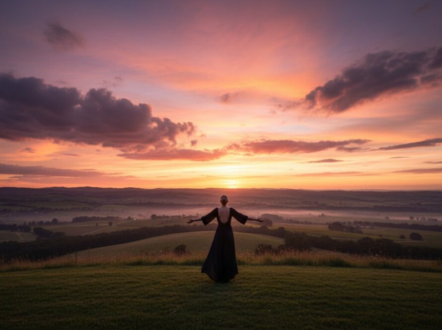 A breathtaking wide-angle, golden hour photograph showcasing Wandin North scenic fine art photography experiences, featuring a lone figure silhouetted against a dramatic sunset over rolling hills, evoking peace and artistic grandeur.