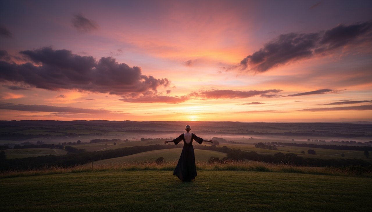 A breathtaking wide-angle, golden hour photograph showcasing Wandin North scenic fine art photography experiences, featuring a lone figure silhouetted against a dramatic sunset over rolling hills, evoking peace and artistic grandeur.