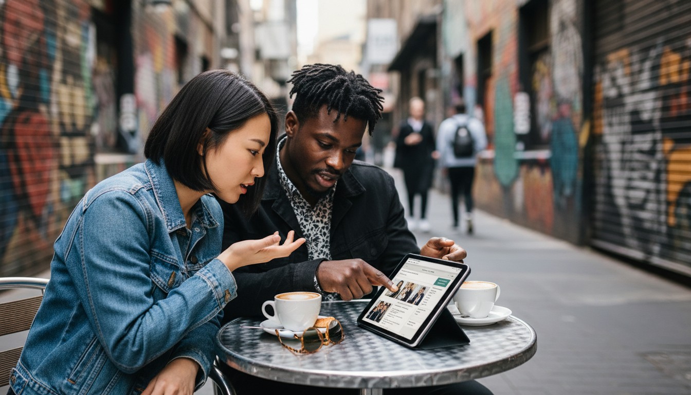 A realistic, high-quality photograph of a diverse couple, seated at a modern cafe table in a vibrant Melbourne laneway (e.g., Hosier Lane or AC/DC Lane with its unique street art), earnestly reviewing a detailed wedding photography contract or pricing guide on a tablet or laptop. Focus on natural light, candid expressions of contemplation and discussion, and the rich textures of the urban environment. Reference a professional wedding photography sample image for style, mood, and to ensure consistency in the depiction of people. Avoid any text in the image.