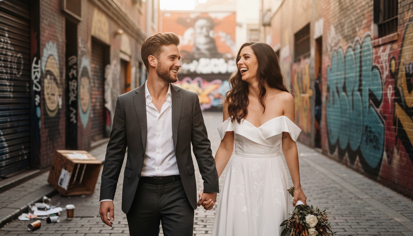 A candid, high-end fine-art wedding photograph of a couple laughing genuinely while strolling through a vibrant, graffiti-adorned Fitzroy laneway in Melbourne, bathed in soft, natural light, capturing their playful intimacy. No text.