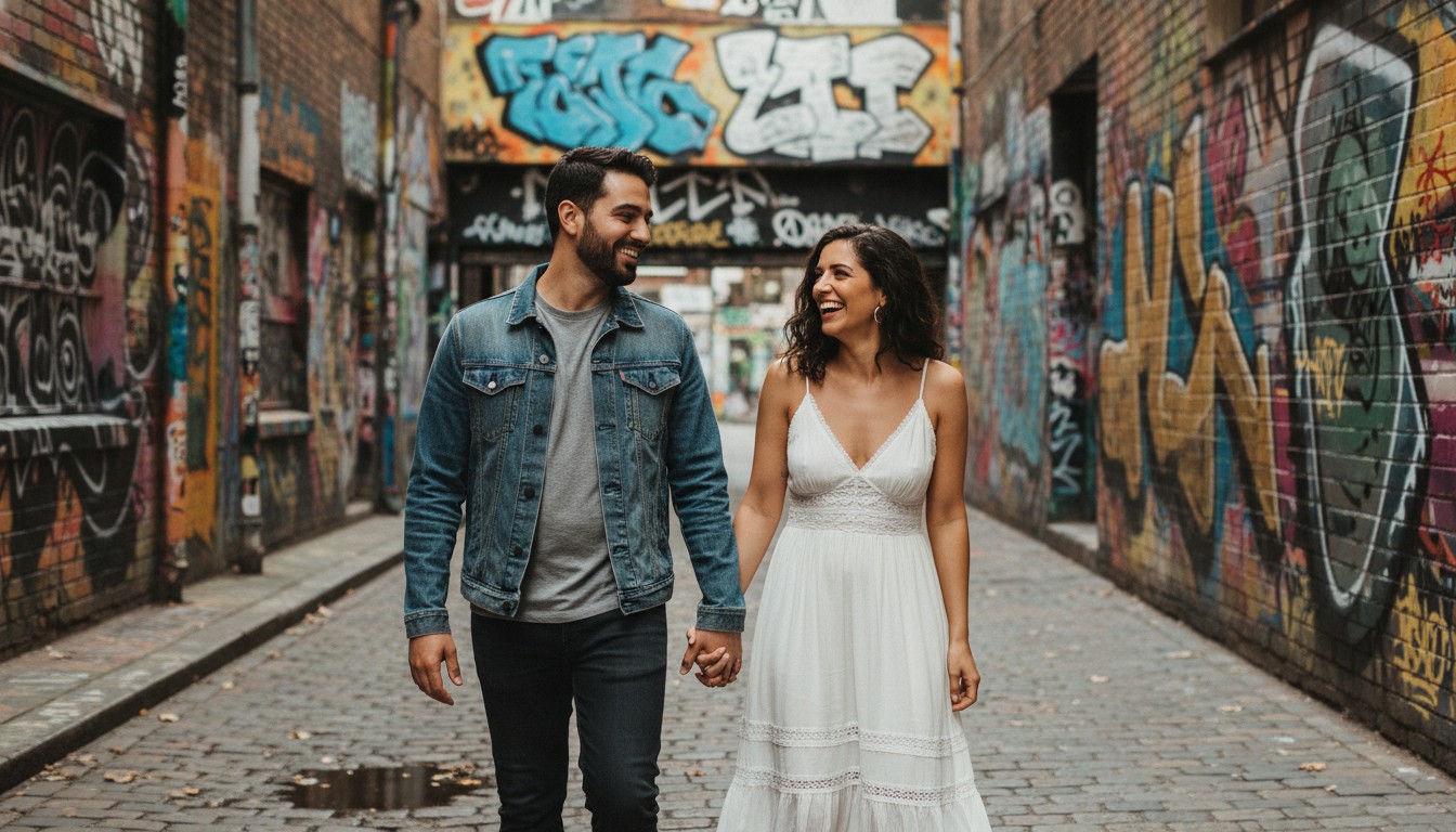 A candid, high-end photograph of a couple laughing intimately while strolling hand-in-hand through a vibrant, graffiti-covered Fitzroy laneway in Melbourne, bathed in soft, diffused daylight. Romantic, fine-art style.