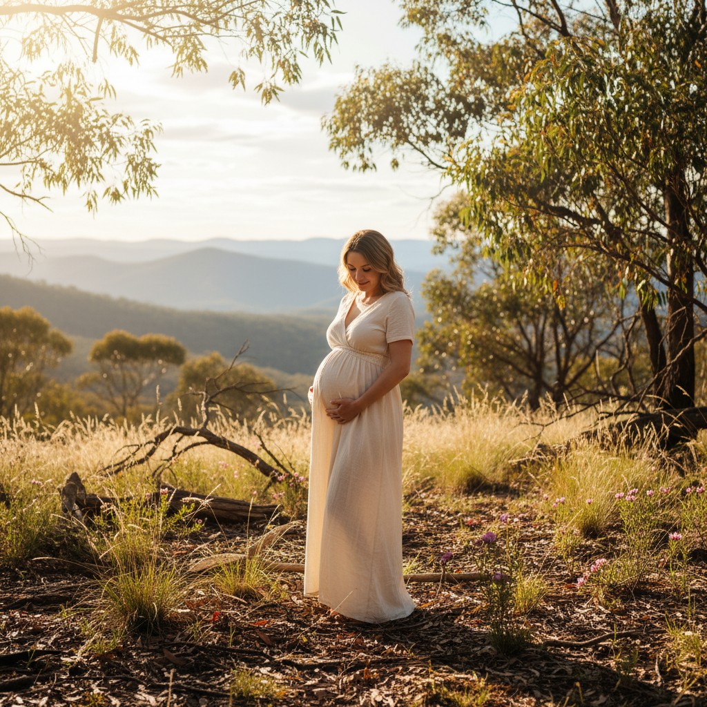 A pregnant woman in a cream-colored, soft linen maxi dress, standing amidst a sun-drenched Australian bushland, looking down at her bump with a serene smile. The dress highlights her silhouette gracefully, blending with the natural earthy tones of the setting. Realistic, high-quality photograph.