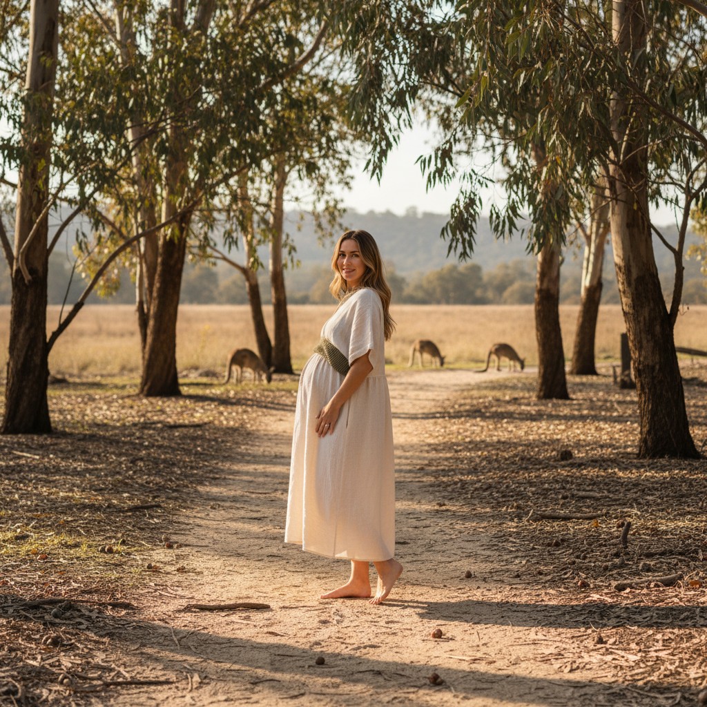 A pregnant woman, wearing a comfortable yet stylish outfit (e.g., a linen dress or soft knit top with tailored pants in earthy tones), is walking barefoot on a sandy path through a sun-dappled eucalyptus forest in Australia. She is looking back over her shoulder with a gentle smile, or looking forward with a serene expression, with her hand lightly resting on her bump. The focus is on the interplay of natural light and shadow, the texture of her clothing, and the distinctive Australian bushland as a backdrop. The image should convey ease, connection with nature, and casual elegance. No text.