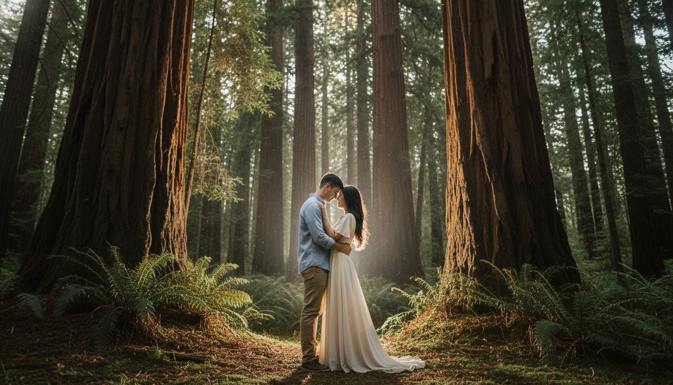 A romantic candid shot of a couple embracing amidst the towering Californian Redwoods of Warburton, dappled sunlight filtering through the canopy, creating an ethereal and intimate atmosphere in the Dandenong Ranges.