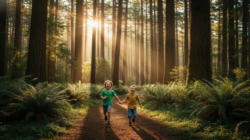 A vibrant, candid moment of children laughing joyfully amidst the towering trees and ferns of Sherbrooke Forest, perfectly embodying whimsical kids photography Sherbrooke Dandenong Ranges.