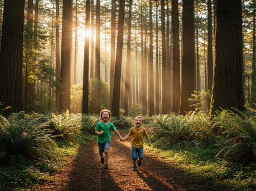 A vibrant, candid moment of children laughing joyfully amidst the towering trees and ferns of Sherbrooke Forest, perfectly embodying whimsical kids photography Sherbrooke Dandenong Ranges.