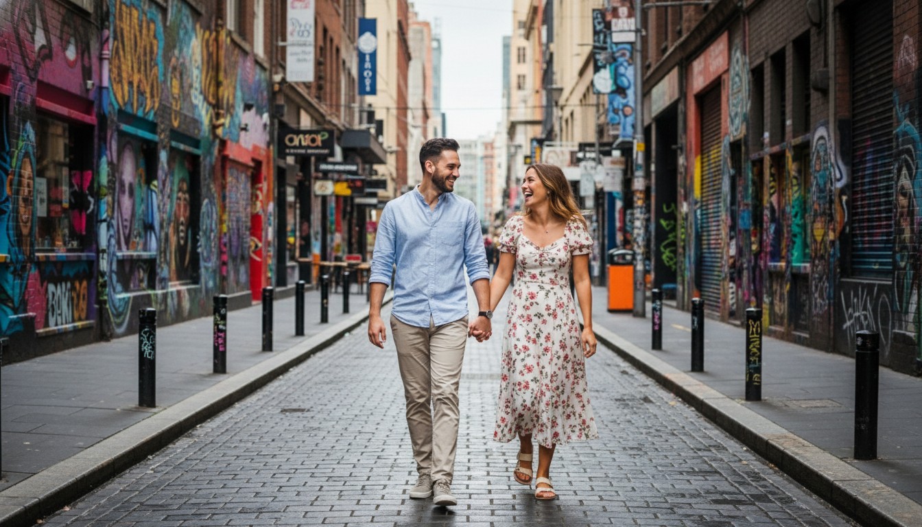 A realistic, high-quality photograph of a couple joyfully walking hand-in-hand through a vibrant, art-filled Melbourne laneway, showcasing the city's unique urban culture and their relaxed, authentic connection. The focus is on their interaction within the distinctive street art backdrop, with natural light emphasizing the rich textures and colors. The image should be free of any text. Reference the provided sample image for style, mood, and to maintain consistency with any people featured in it.