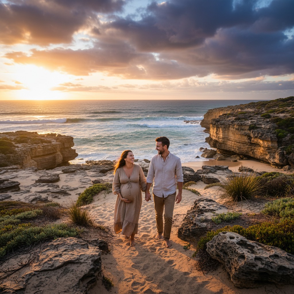 A realistic, high-quality photograph of a pregnant couple walking hand-in-hand on a natural, rugged Australian coastline at sunset, with the vast ocean and a dramatic sky in the background. The focus is on their connection and the beauty of the landscape, capturing a joyous and intimate moment during their pregnancy journey. Emphasize the natural light and the iconic Australian coastal scenery.