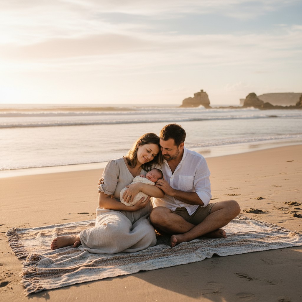 A candid, high-quality photograph of a family (mother, father, and newborn baby) sharing a tender moment on a large, soft blanket laid on a serene Australian beach at golden hour, with gentle waves lapping in the background and warm sunlight. No text.