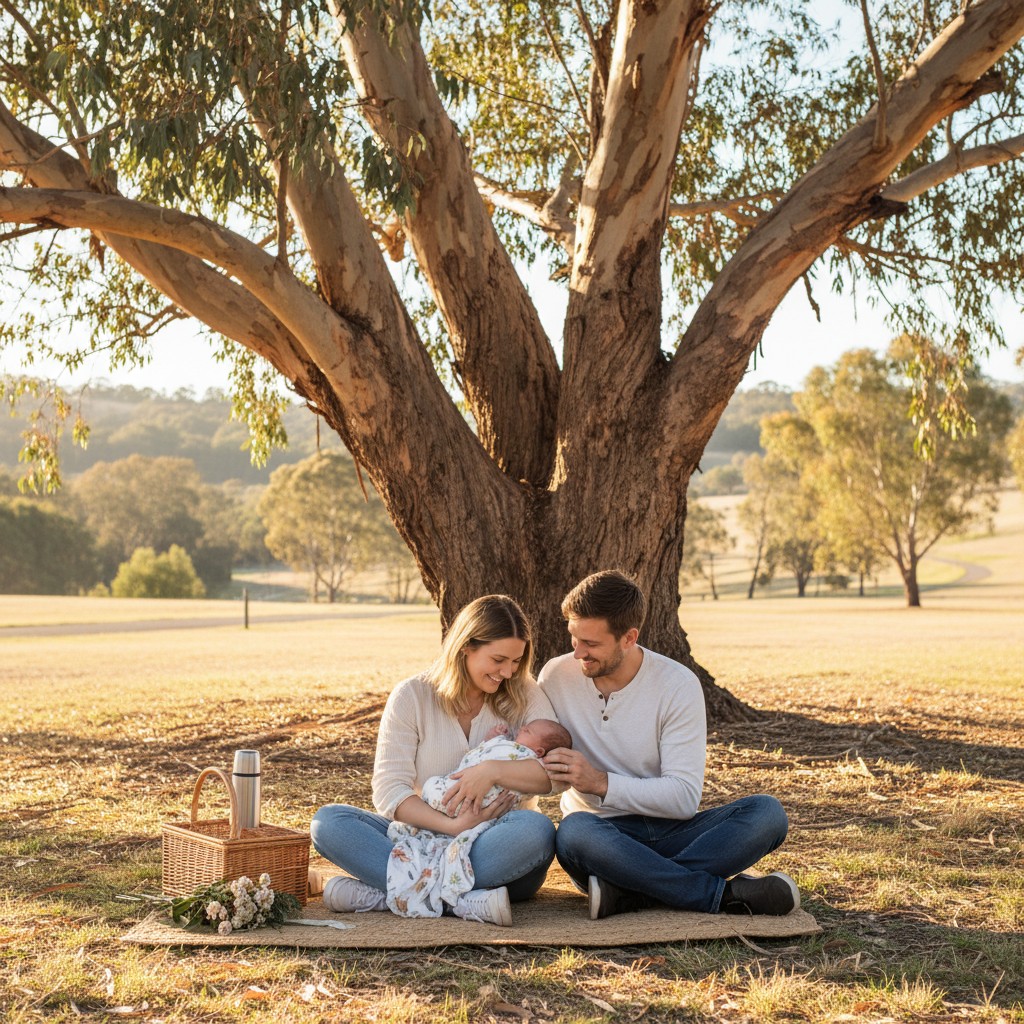 A candid, heartwarming photograph of a new Australian family (parents and their newborn baby) sharing a relaxed moment together. They are sitting on a natural fibre picnic blanket under the gentle shade of a towering eucalyptus tree in a sunny Australian park. The focus is on their loving interaction and the serene, natural outdoor setting, with soft, authentic lighting.