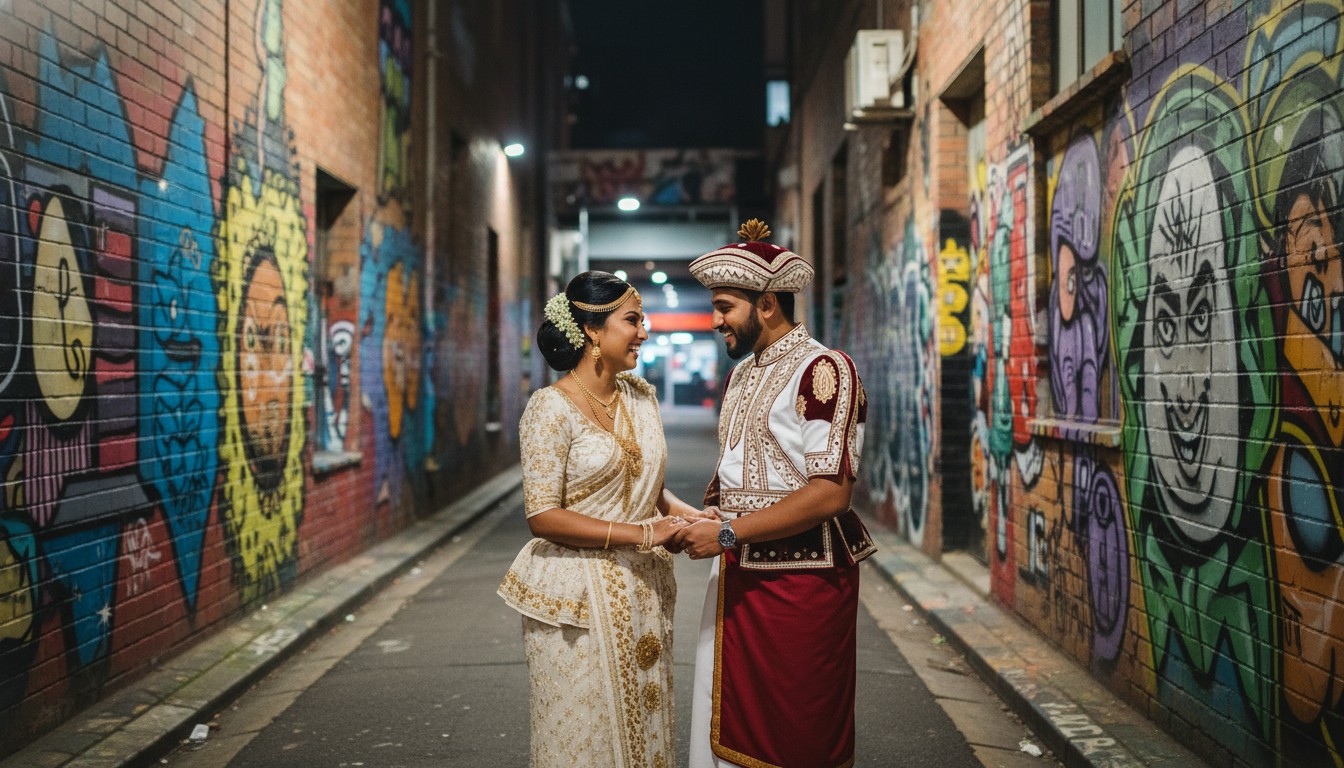 A candid, intimate moment between a newlywed couple laughing joyfully in a vibrant, graffiti-filled Fitzroy laneway, captured with a high-end, cinematic, and romantic fine-art style. The focus is on their genuine emotion and connection, with soft urban lighting. Use a provided sample image as a reference for the overall style, mood, and to ensure consistency with any people featured in it. Avoid any text overlay or transparent backgrounds.