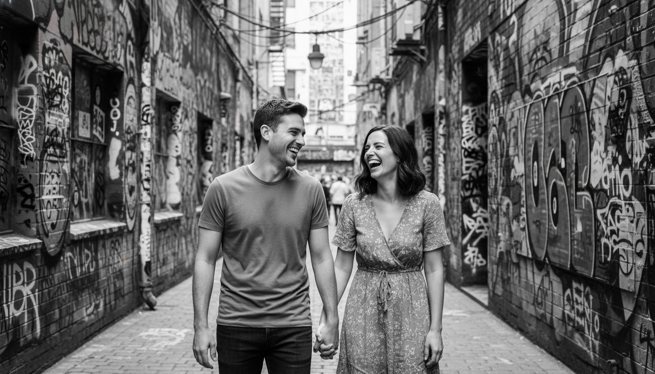 A realistic, high-quality black and white photograph of a young couple laughing candidly as they explore a vibrant, graffiti-covered laneway in Melbourne, hand-in-hand. The image should highlight the textures of the street art and the couple's genuine joy, creating a unique urban storytelling scene. No transparent background or text.