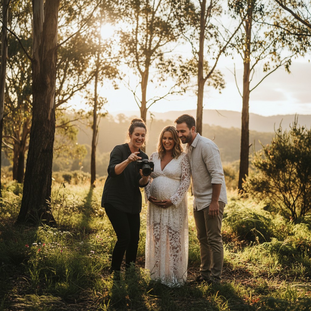 A high-quality, realistic photograph capturing a professional maternity photographer interacting warmly with a pregnant couple in a beautiful, natural Australian setting, perhaps a sun-dappled eucalyptus forest or a scenic botanical garden. The photographer is showing them a preview on their camera, illustrating the collaborative and expert process of creating lasting memories. The couple looks happy and engaged, and the Australian environment is subtly present in the background.