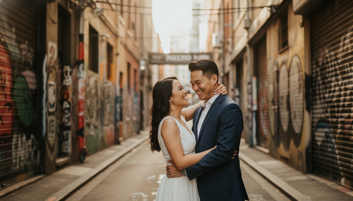 A high-end, romantic, and candid fine-art photograph of the same couple from the featured image, sharing an intimate, joyful laugh in a vibrant Fitzroy laneway filled with street art and dappled sunlight, maintaining consistency with any people featured in a provided sample image. The scene should highlight their natural connection and the unique urban aesthetic of Melbourne. Avoid adding any text to the image.