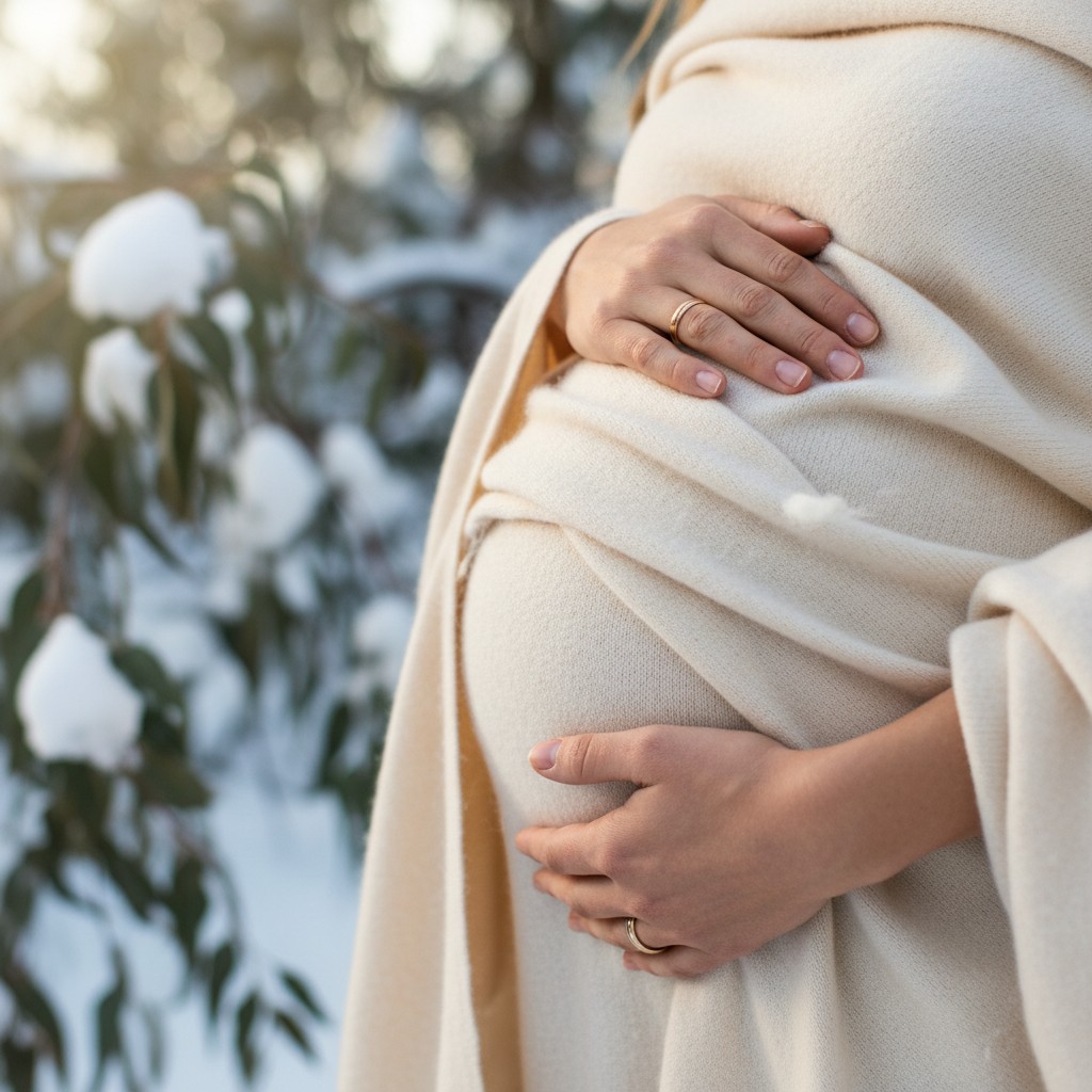 A close-up, artistic shot of a pregnant woman's hands gently cupping her baby bump, adorned with simple, warm winter fabric like a cashmere wrap or soft wool, with a blurred background of snow-covered Australian eucalyptus trees and muted winter light. Focus on intimate detail, texture, and the warmth of connection. Professional photography style, no text.