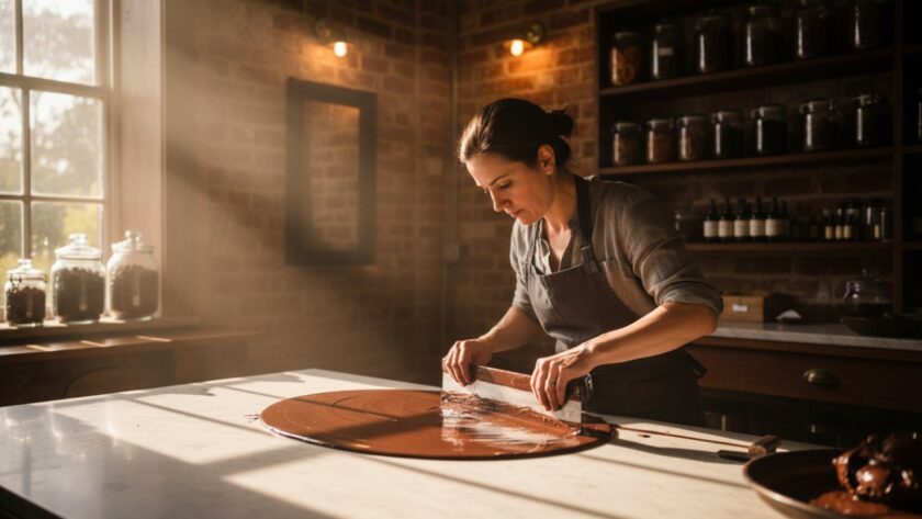 A close-up, dramatic photograph capturing the epic moment of a local Woori Yallock artisan's hands expertly shaping raw timber into a unique furniture piece in a warm, sun-drenched workshop, embodying the essence of Woori Yallock advertising photography for artisan businesses.
