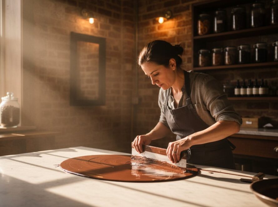 A close-up, dramatic photograph capturing the epic moment of a local Woori Yallock artisan's hands expertly shaping raw timber into a unique furniture piece in a warm, sun-drenched workshop, embodying the essence of Woori Yallock advertising photography for artisan businesses.