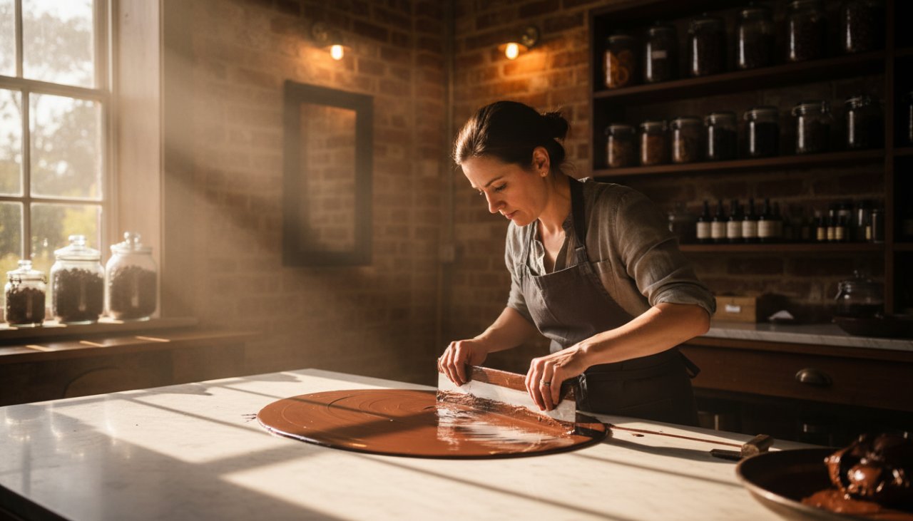 A close-up, dramatic photograph capturing the epic moment of a local Woori Yallock artisan's hands expertly shaping raw timber into a unique furniture piece in a warm, sun-drenched workshop, embodying the essence of Woori Yallock advertising photography for artisan businesses.