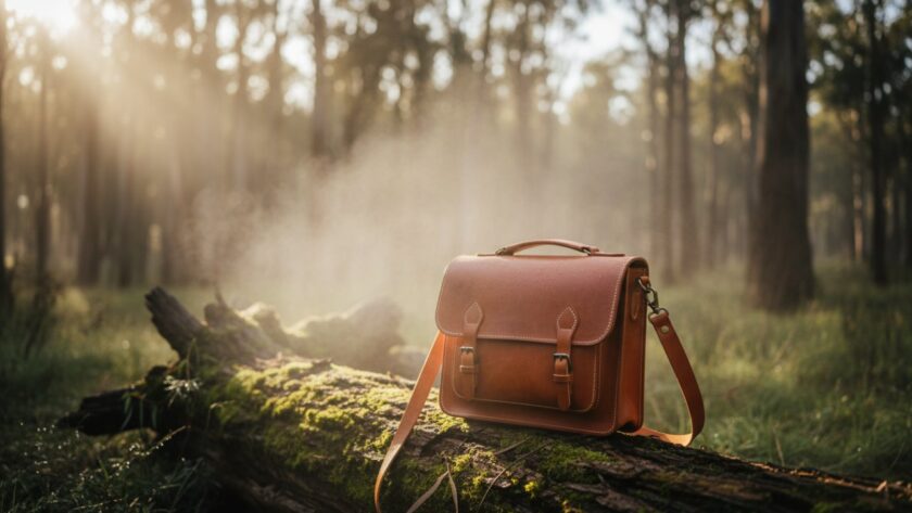 A wide-angle, cinematic shot showcasing handcrafted ceramic mugs from a Woori Yallock artisan, bathed in soft, natural light, beautifully styled on a rustic wooden table with native Australian flora in the background, embodying Woori Yallock artisanal product photography solutions.