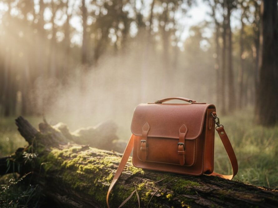A wide-angle, cinematic shot showcasing handcrafted ceramic mugs from a Woori Yallock artisan, bathed in soft, natural light, beautifully styled on a rustic wooden table with native Australian flora in the background, embodying Woori Yallock artisanal product photography solutions.