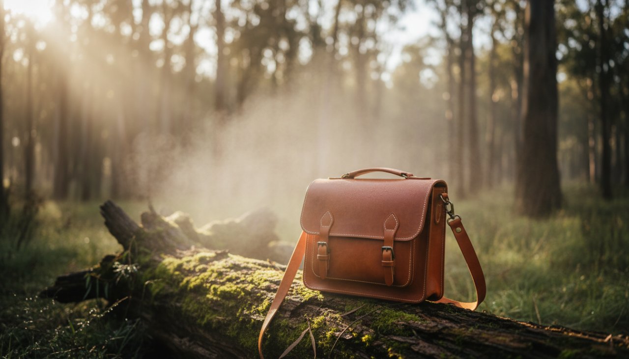 A wide-angle, cinematic shot showcasing handcrafted ceramic mugs from a Woori Yallock artisan, bathed in soft, natural light, beautifully styled on a rustic wooden table with native Australian flora in the background, embodying Woori Yallock artisanal product photography solutions.