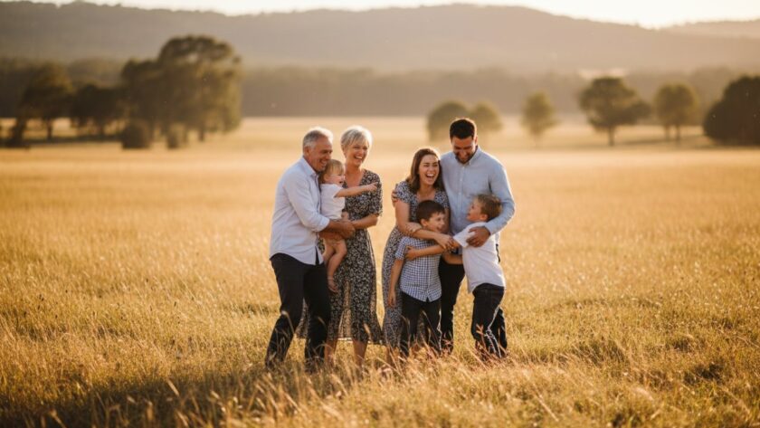 A candid, joyful family moment featuring parents laughing as their child runs through a sun-dappled field in Woori Yallock, perfectly encapsulating Woori Yallock Candid Photography Real Moments Captured Naturally.