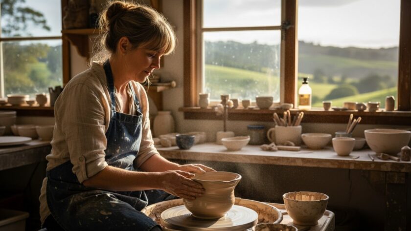 An epic moment captured in Woori Yallock commercial photography for local businesses, featuring a local artisan passionately crafting bespoke wooden furniture in their sunlit workshop, with the stunning Yarra Valley hills visible through the large window, highlighting craftsmanship and local essence.