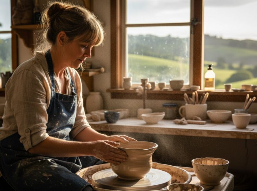 An epic moment captured in Woori Yallock commercial photography for local businesses, featuring a local artisan passionately crafting bespoke wooden furniture in their sunlit workshop, with the stunning Yarra Valley hills visible through the large window, highlighting craftsmanship and local essence.