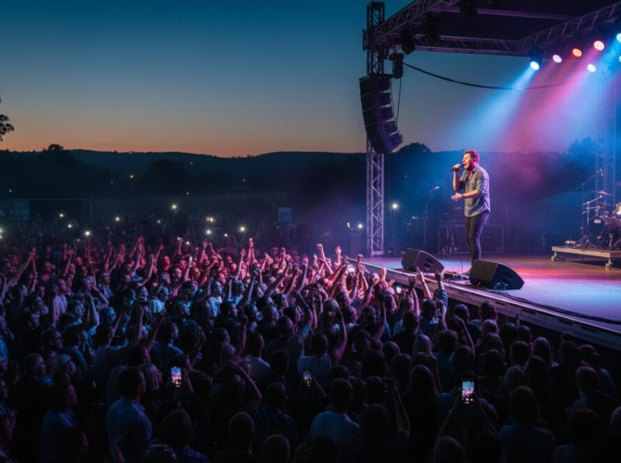 Dynamic wide shot of a band performing on stage at an outdoor music festival in Woori Yallock at dusk, spotlights cutting through a haze, crowd silhouetted, capturing the epic energy of the moment, 'Woori Yallock concert photography guide'.