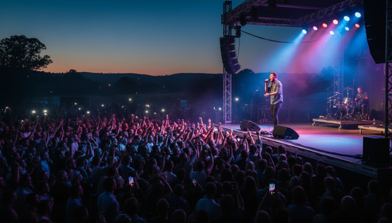 Dynamic wide shot of a band performing on stage at an outdoor music festival in Woori Yallock at dusk, spotlights cutting through a haze, crowd silhouetted, capturing the epic energy of the moment, 'Woori Yallock concert photography guide'.