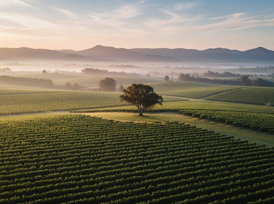 An epic aerial shot showcasing Woori Yallock drone photography breathtaking landscapes, featuring a golden sunset over rolling vineyards and distant mountains, captured from a high vantage point.