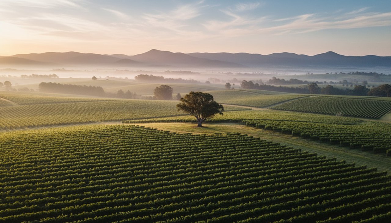 An epic aerial shot showcasing Woori Yallock drone photography breathtaking landscapes, featuring a golden sunset over rolling vineyards and distant mountains, captured from a high vantage point.