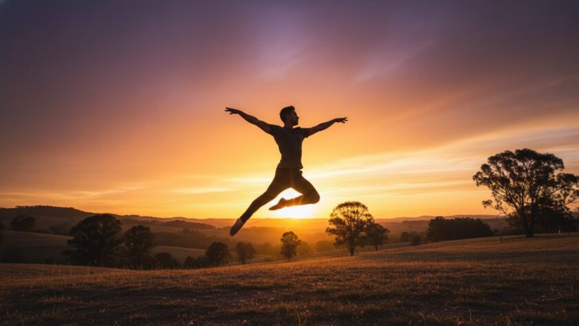 A male ballet dancer leaping gracefully against the stunning natural backdrop of Woori Yallock, showcasing Woori Yallock dynamic dance photography with dramatic golden hour lighting.