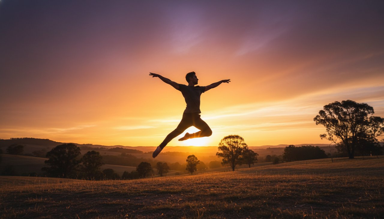 A male ballet dancer leaping gracefully against the stunning natural backdrop of Woori Yallock, showcasing Woori Yallock dynamic dance photography with dramatic golden hour lighting.