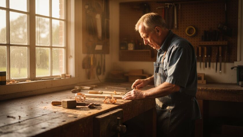 An evocative wide-angle shot capturing the essence of Woori Yallock editorial photography for authentic storytelling, showing a local artisan meticulously crafting in their sun-drenched workshop, dramatic light filtering through.