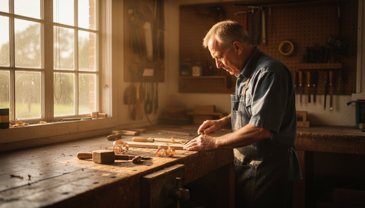 An evocative wide-angle shot capturing the essence of Woori Yallock editorial photography for authentic storytelling, showing a local artisan meticulously crafting in their sun-drenched workshop, dramatic light filtering through.