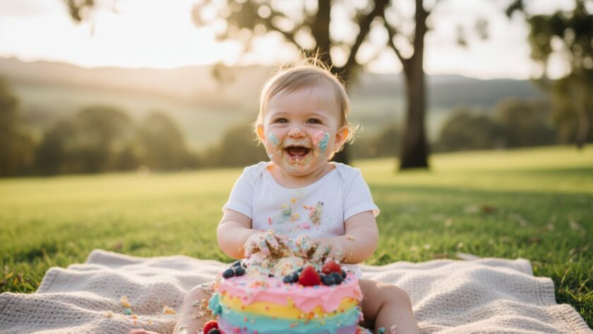 An adorable baby, covered in frosting from a Woori Yallock enchanting first birthday cake smash, laughing joyfully amidst soft pastel decor and a warm golden afternoon light filtering through gum trees, capturing a truly epic and memorable moment of pure delight.